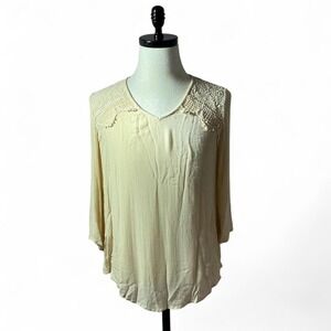 Chico's Beige Lace Trim V-Neck Long Sleeve Blouse Boho‎ Chic Top